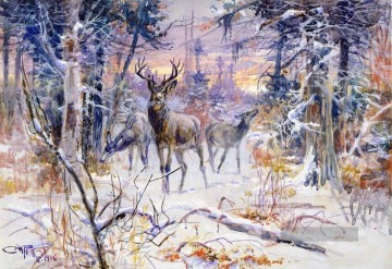  schneit Galerie - Hirsch in einem verschneiten Wald 1906 Charles Marion Russell